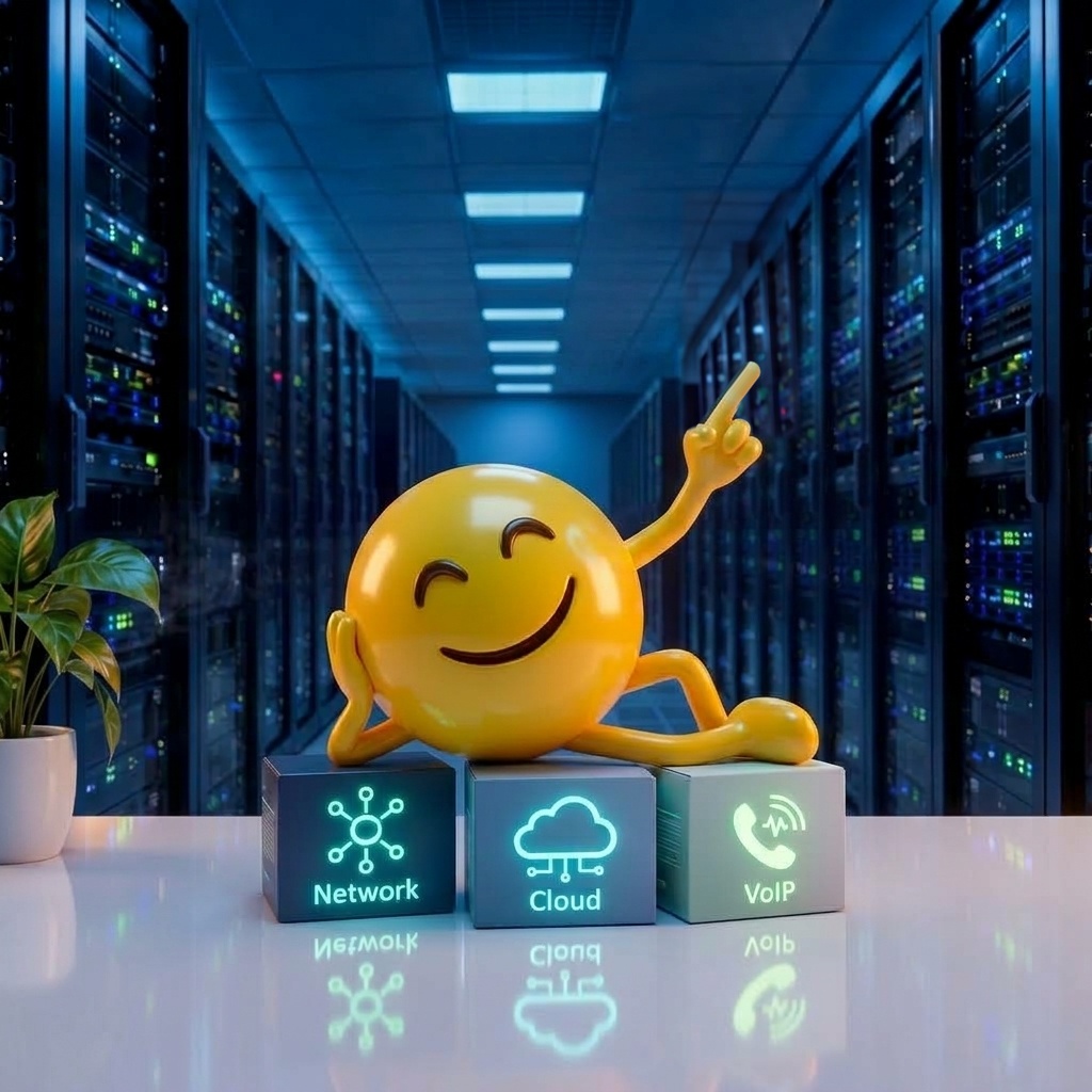 EnterBit 3D Smiley mit Paketen im Datacenter